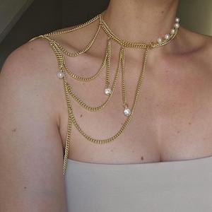 Body armor, necklace and shoulder jewelry, stainless steel chain, mother-of-pearl beads, crystal