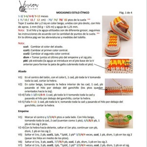 May include: Crochet pattern instructions for making moccasins in beige, orange, and yellow. The instructions include abbreviations and measurements for different sizes. The pattern includes a detailed diagram of the steps for crocheting the moccasins.