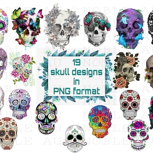 19 Colorful skull png, Digital download, Colorful sugar skull png, Skull Mexico, Sublimation Design, Halloween, Digital prints,Floral Skull