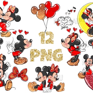 12 Mickey & Minnie Mouse PNG, Mickey Mouse Valentines Love, Valentines png, Diseños de sublimación, Descarga digital, 300 DPI, PNG de alta calidad