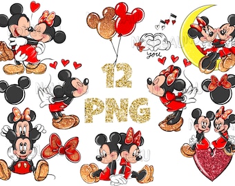 12 Mickey & Minnie Mouse PNG, Mickey Mouse Valentines Love, Valentines png, Sublimation Designs, Digital Download, 300 DPI, High Quality PNG