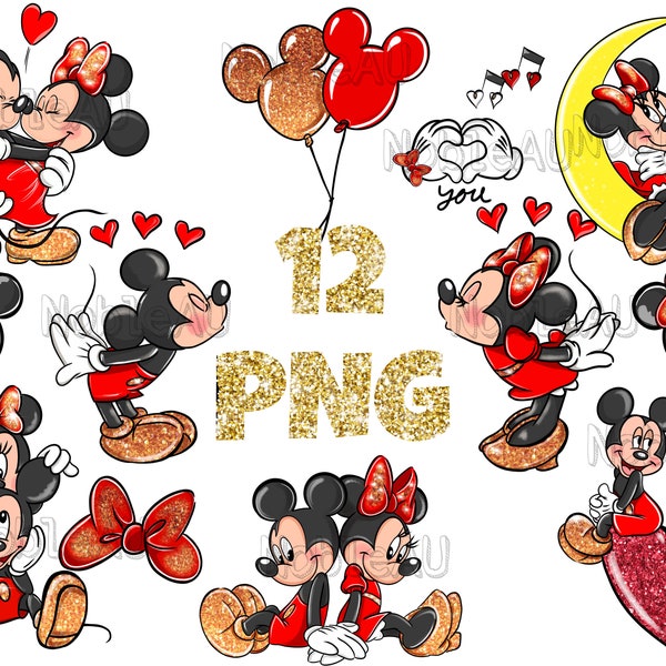 12 Mickey & Minnie Mouse PNG, Mickey Mouse Valentines Love, Valentines png, Sublimation Designs, Digital Download, 300 DPI, High Quality PNG