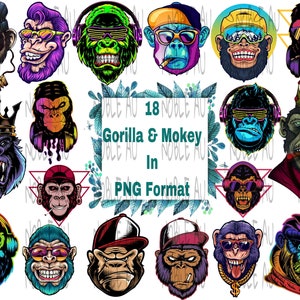 May include: 18 digital illustrations of gorillas and monkeys wearing sunglasses, hats, and headphones. The illustrations are in a cartoon style and feature bright colors.