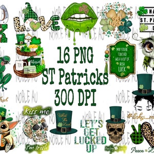 May include: A set of 16 digital images featuring St. Patrick's Day themed designs. The images include a green shamrock, a leprechaun, a pot of gold, a four-leaf clover, and a green and gold skull. The text "16 PNG ST Patricks 300 DPI" is also included in the image.
