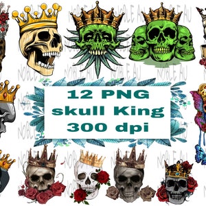 May include: A collection of twelve skull illustrations, each adorned with crowns and various decorative elements. The skulls feature diverse colors and designs, including floral accents and butterfly motifs. The text "12 PNG skull King 300 dpi" is also present.