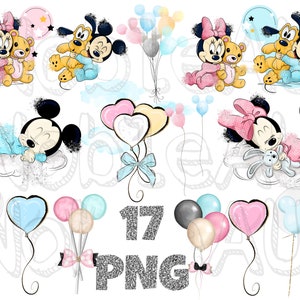 17 Mickey &Minnie Mouse Baby PNG, Jongen of Meisje PNG, Blauw Roze, Ballon, Hart, Glitter, Sublimatie Ontwerp, Hoge Kwaliteit, tweeling, 300 DPI, png