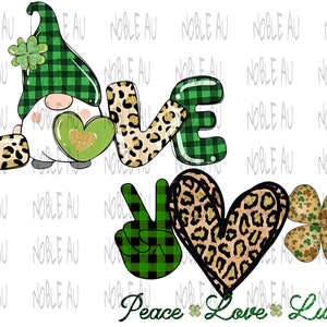 May include: A green and black plaid gnome holding a green heart with gold glitter. The gnome is surrounded by the words "Love", "Peace", and "Luck" in a green and black plaid font. The words are decorated with gold glitter and shamrocks.