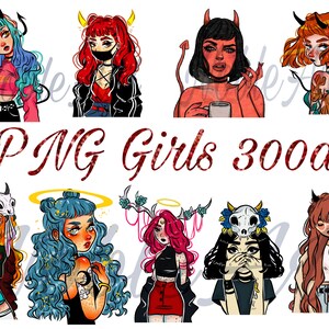 9 PNG Girls, Girl with horn, Evil Girl, Devil, Colourful Girl, Tattoo, Trendy, Sublimation Design, Digital Prints, 300dpi, PNG