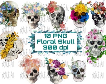 10 têtes de mort florales PNG, sublimation de tête de mort, roses, 300 DPI, fichiers PNG haute résolution, tendance 2022, téléchargement numérique, tête de mort colorée png thumbnail