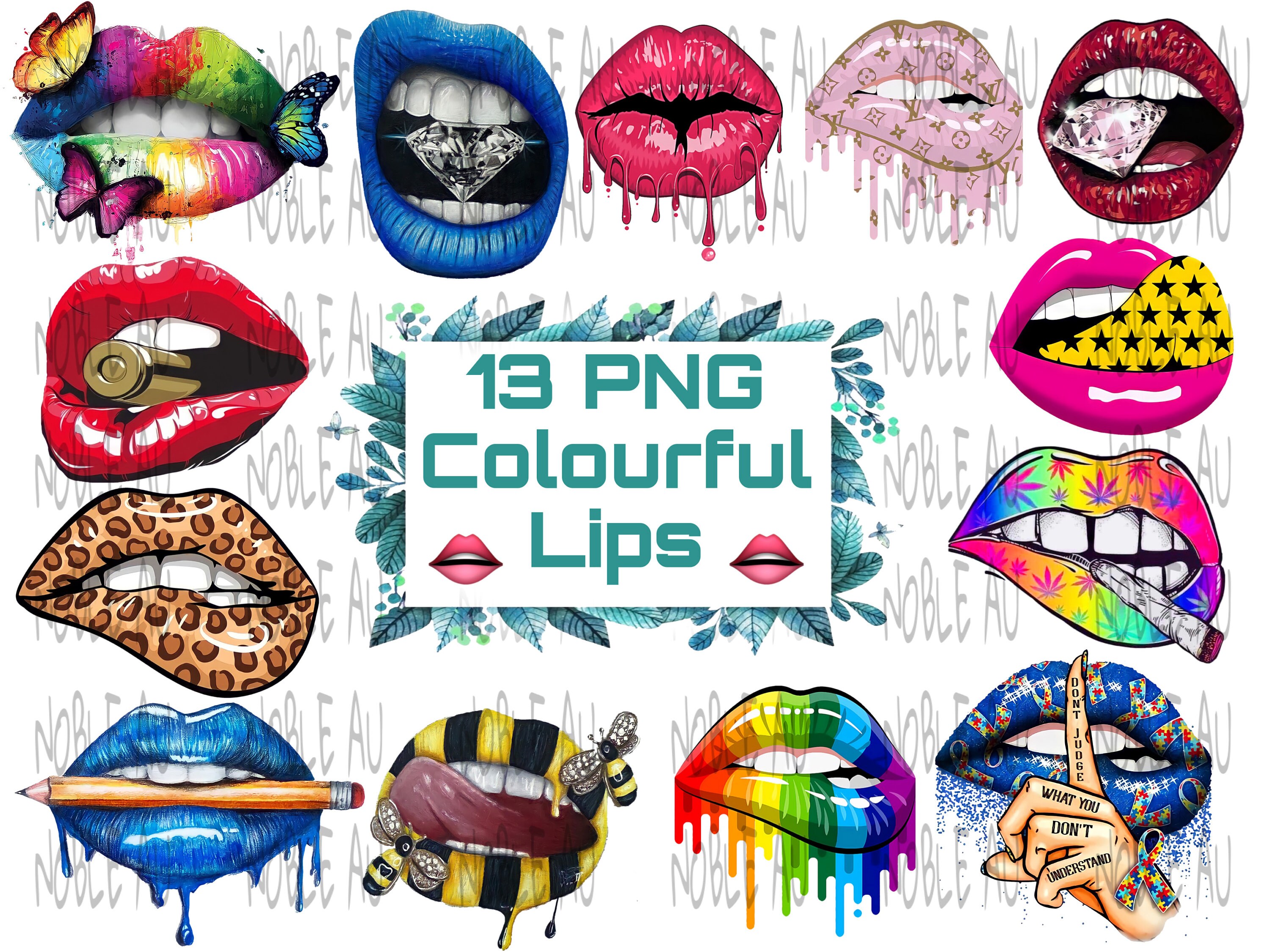13 Colourful Lips PNG, Butterfly Lips, Red Lips, Sublimation Designs, Leopard lips, Digital Prints, High Resolution, Sexy Lips, Diamond