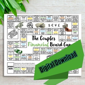 May include: A green and white board game called "The Couples Financial Board Game". The game board features a variety of financial topics, such as saving, investing, and budgeting. The game is designed to help couples learn about and discuss their finances.