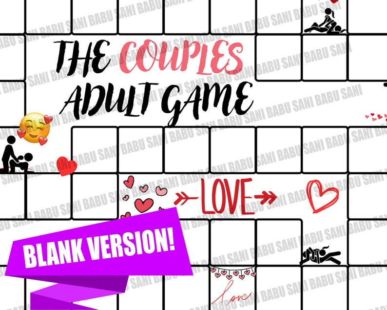May include: A white board game titled "The Couples Adult Game" with a grid design. The game includes the text "LOVE" and "BLANK VERSION!" along with heart and emoji graphics. The game is designed for adults.