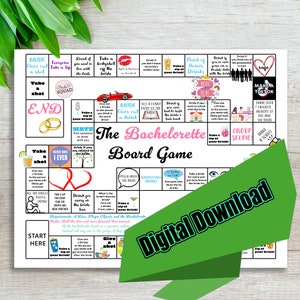 May include: A printable bachelorette party game board with pink and green accents. The board features a grid with various challenges and prompts for the bride-to-be and her friends. The game includes instructions to take a shot, take a sip of a drink, and make a TikTok video. The text "The Bachelorette Board Game" is printed in large, bold letters at the top of the board.