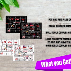 May include: An image featuring three game boards labeled "The Couples Adult Game" with heart and balloon graphics. Text on the right side reads "PDF and PNG files of Blank Couples Game, Full Adult Couples Game, Links to Canva Templates to edit and make your own Adult Couples Game."