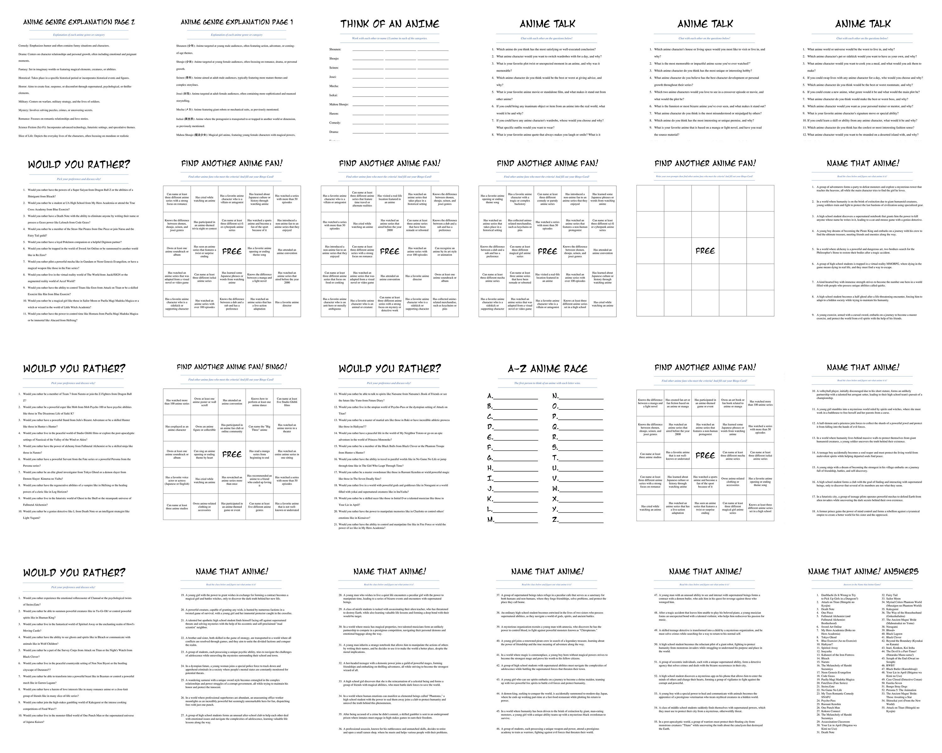 Printable Anime Icebreaker, Fun Icebreaker, Icebreaker Activities ...