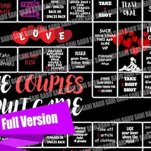 May include: A black board game titled "The Couples Adult Game - Full Version" with red and white text. The game includes various instructions and prompts, such as "Take a shot" and "Kiss your lover". The word "Love" is displayed with red hearts.