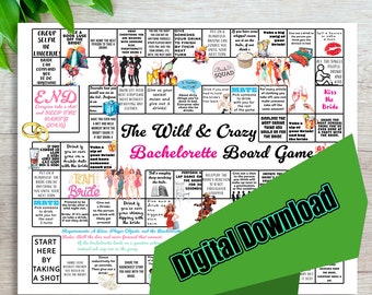 May include: A printable bachelorette party game board with a green and pink color scheme. The board features a variety of challenges and dares for the bride-to-be and her friends. The game is called "The Wild & Crazy Bachelorette Board Game".