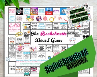 May include: A printable bachelorette party game board with a pink and green color scheme. The board features a variety of drinking game challenges and prompts. The title of the game is "The Bachelorette Board Game".