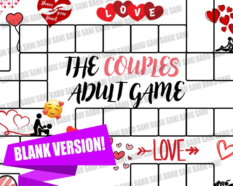 May include: A white board game with a grid layout, featuring the text "THE COUPLES ADULT GAME." The design includes red hearts, the word "LOVE," and the phrase "BLANK VERSION!" in a purple banner. The theme is romance.