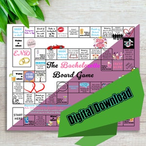 May include: A printable bachelorette party game board with pink, purple, and green accents. The board features a grid with various prompts for drinking games, such as "Take a shot", "Give out a drink", and "Tell a funny story of the bride". The game board also includes a "Bride to Be" banner and a "Make a TikTok" icon.