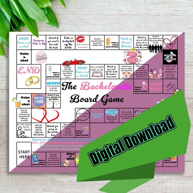 May include: A printable bachelorette party game board with pink, purple, and green accents. The board features a grid with various prompts for drinking games, such as "Take a shot", "Give out a drink", and "Tell a funny story of the bride". The game board also includes a "Bride to Be" banner and a "Make a TikTok" icon.