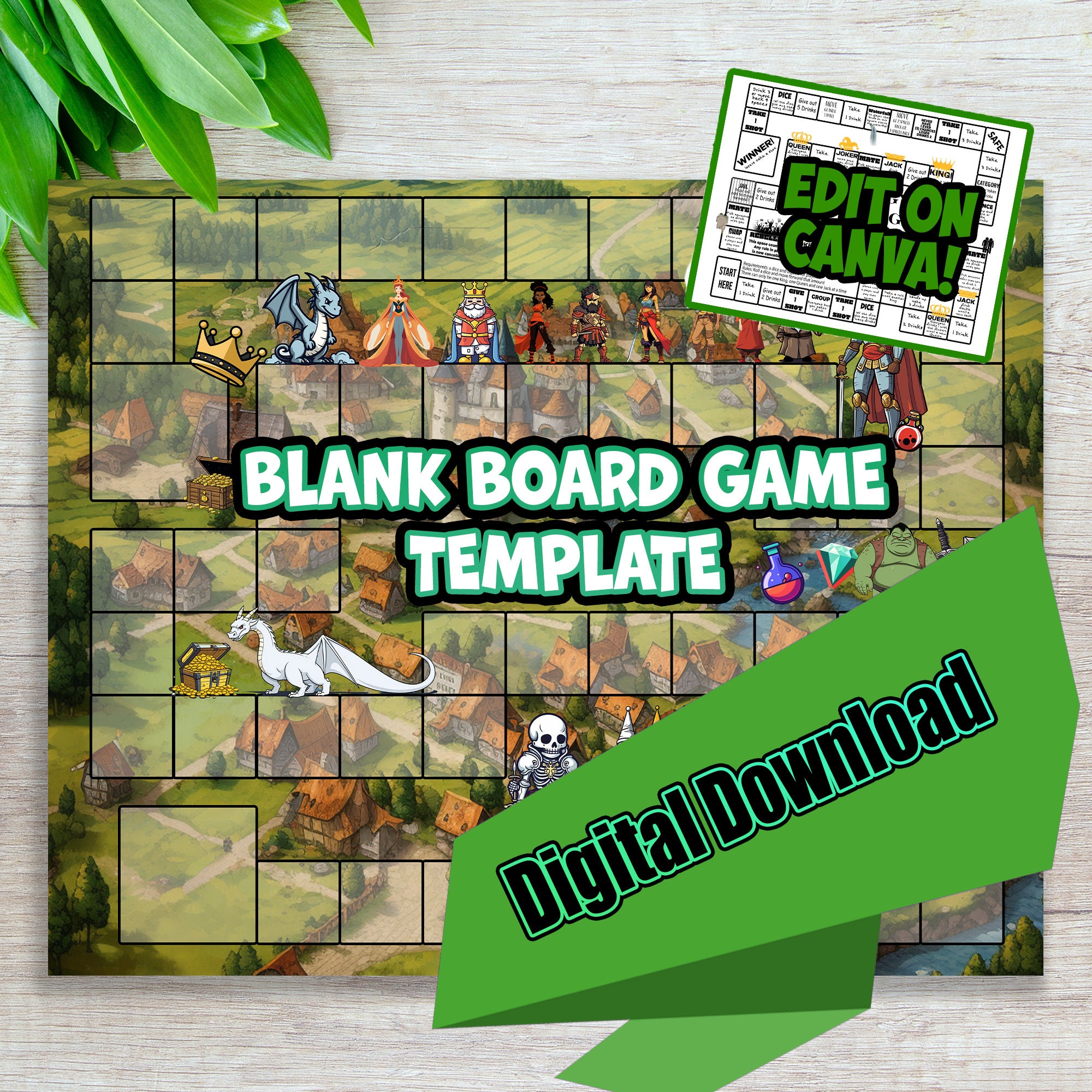 DIY Blank Fantasy game board, kids game board, adult game board, board game template, instant download, digital, canva game board, school