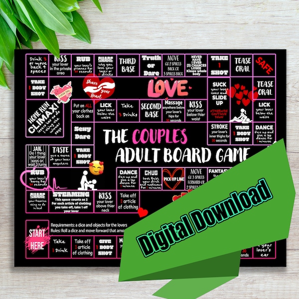 Adult Couple Board Game, Date Night Game, Digital File, Printable Drinking Board Game, Digital Drinking Game, Instant Download, Valentines