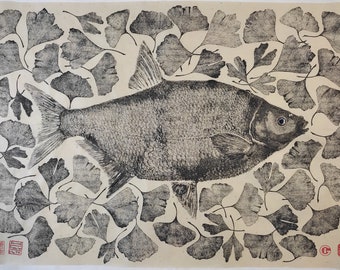 Huge bream fish print with Gingko Biloba leaves, Original Gyotaku, Fish print, Fish painting,Hand printed, Gift for man, Nautical decor