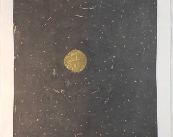 Abstract art, Starry sky, Gold leaf, Cosmos, Universe, Japanese ink painting, Nature decor,Hand printed,Gift ideas,Original art,Gift for her