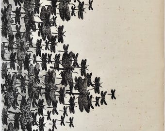 Dragonfly attack print, Linocut art, Home gift, Nature decor, Hand printed, Gift ideas, House decor, Unique decor, Gift for her,Gift for him