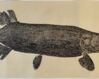Huge pike fish print, Original Gyotaku, Fish print, Nature decor, Fish painting, Hand printed, Gift ideas, Gift for man, Nautical decor