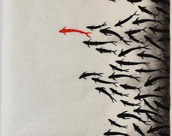 Linoldruck Fisch, Fischflocke, Fischstumpfdruck, Naturdekor, Handgedruckt, Geschenkideen, Originalkunst, Hausdekor, Geschenk für ihn, Geschenk für sie