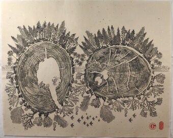 Japanese Tree Ring Print, Linocut Art on Rice Paper
