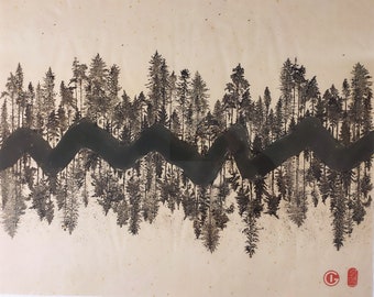 Linocut Forest Art, Japanese Ink Painting on Rice Paper