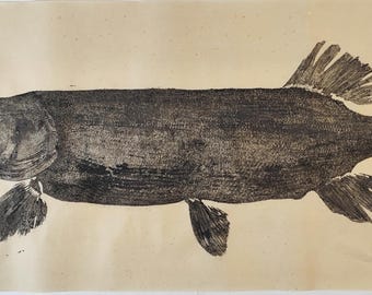 Huge pike fish print, Original Gyotaku, Fish print, Nature decor,Birthday gift for her, Hand printed, Gift ideas,Gift for man,Nautical decor