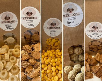 Hundekekse - handgefertigte Leckerlies für Hunde: Hirsch, Käse-Minis, Kokos-Kugeln, Kokos-Banane, Seelachs + Parmesan Hundesnacks Kekse