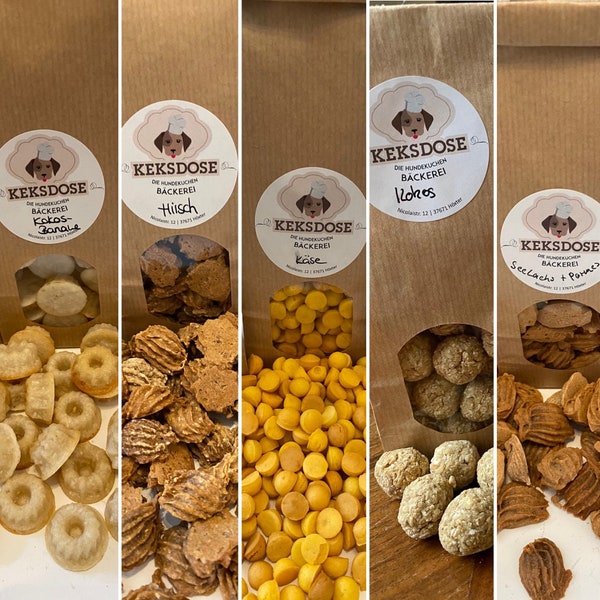 Hundekekse - handgefertigte Leckerlies für Hunde: Hirsch, Käse-Minis, Kokos-Kugeln, Kokos-Banane, Seelachs + Parmesan Hundesnacks Kekse