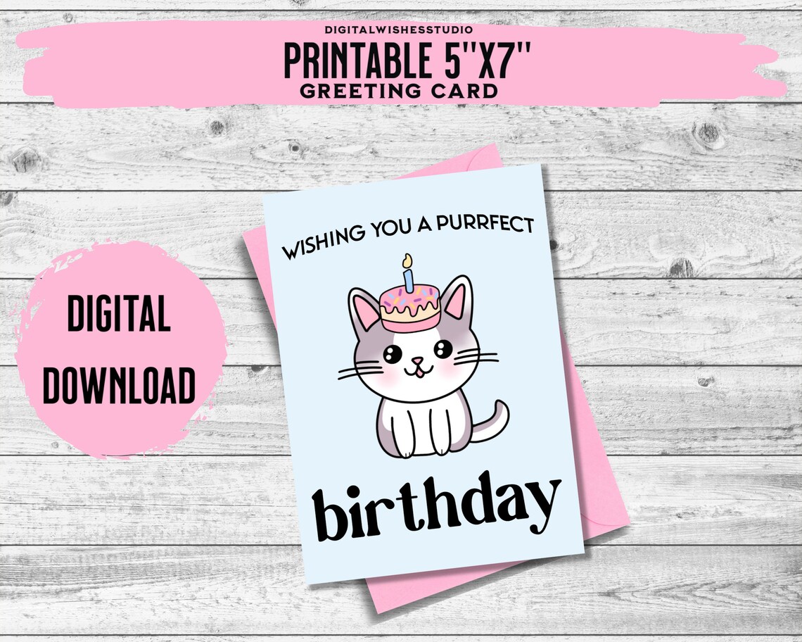 Printable Birthday Card, Printable Greeting Card, Cat Birthday Card ...