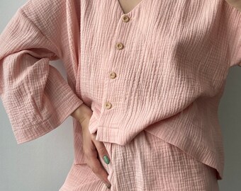 Muslin Modern Set - Handmade cotton oversized loungewear set — shirt and shorts with an elastic waist and pockets.