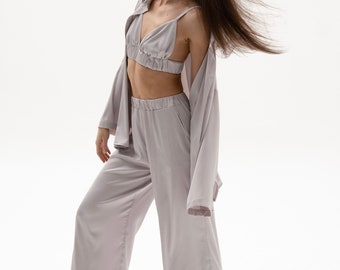 100% Armani silk three-piece set of shirt, trousers and bra top in silver pearl color