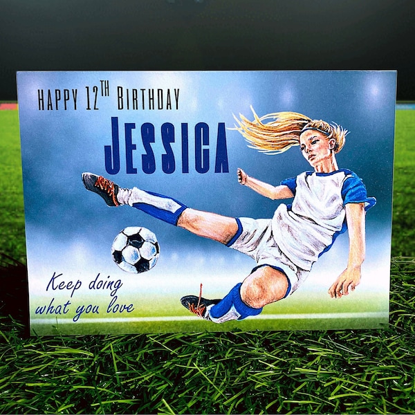 Carte d'anniversaire personnalisée pour fille, carte de football personnalisée pour fille, carte d'anniversaire personnalisée avec nom et âge pour fille