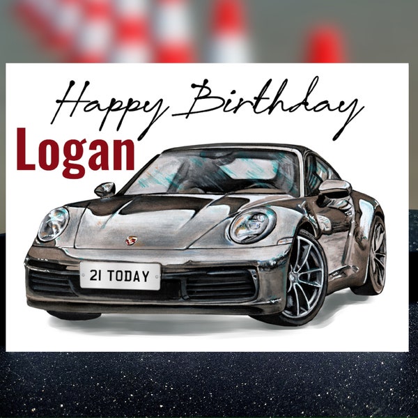 Personalized Porche 911 Birthday Card for Him, Personalised Birthday Card for Son, Personalised name and number plate birthday card