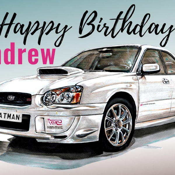 Personalized White Subaru Impreza WRX STi 04 Birthday Card for Him, Personalised name and number plate birthday card