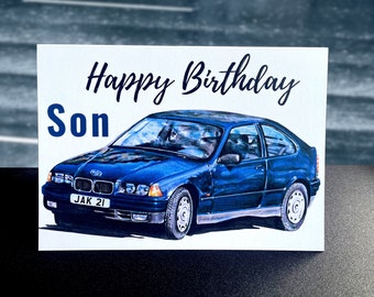 Personalized Blue BMW Coupe Birthday Card for Him, Personalised Birthday Card for Him, Personalised name and number plate birthday card