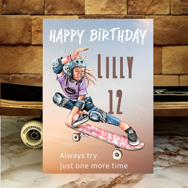 Skater Girl birthday, Personalised Name and Age Birthday Card for girl, Birthday card for daughter, niece, granddaughter