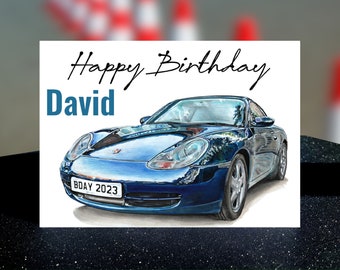 Personalized Blue Porche 911 Birthday Card for Him, Personalised Birthday Card, Personalised name and number plate birthday card