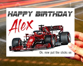 Carte d’anniversaire F1 Ferrari, carte personnalisée de Formule 1, nom personnalisé et carte d’anniversaire d’âge