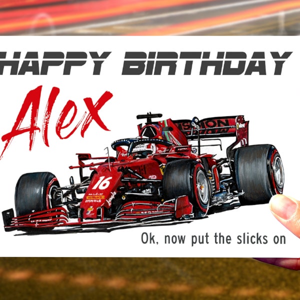 Carte d’anniversaire F1 Ferrari, carte personnalisée de Formule 1, nom personnalisé et carte d’anniversaire d’âge