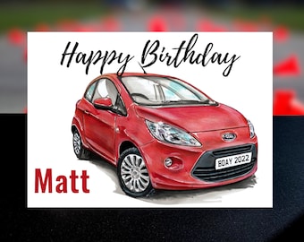 Personalized Red Ford Ka Birthday Card for Him or Her, Personalised Birthday Card for Him, Personalised name and number plate birthday card