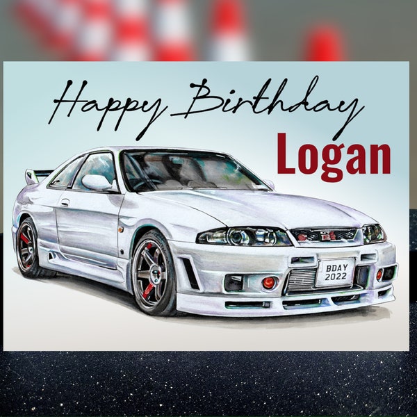 Personalized White Nissan Skyline Birthday Card, Personalized Birthday Card for Him, Personalized name and number plate birthday card